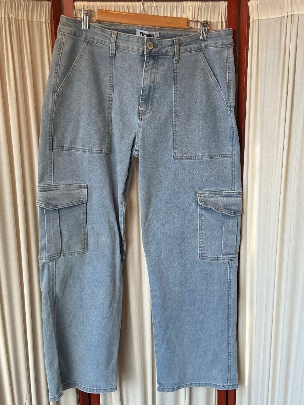 VIP Honey Los Angeles Woman’s Blue Denim Jeans Wide Leg Cargo Pockets Size 2XL